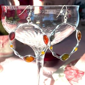 Silver dangling earrings with earthtoned gems 2” drop